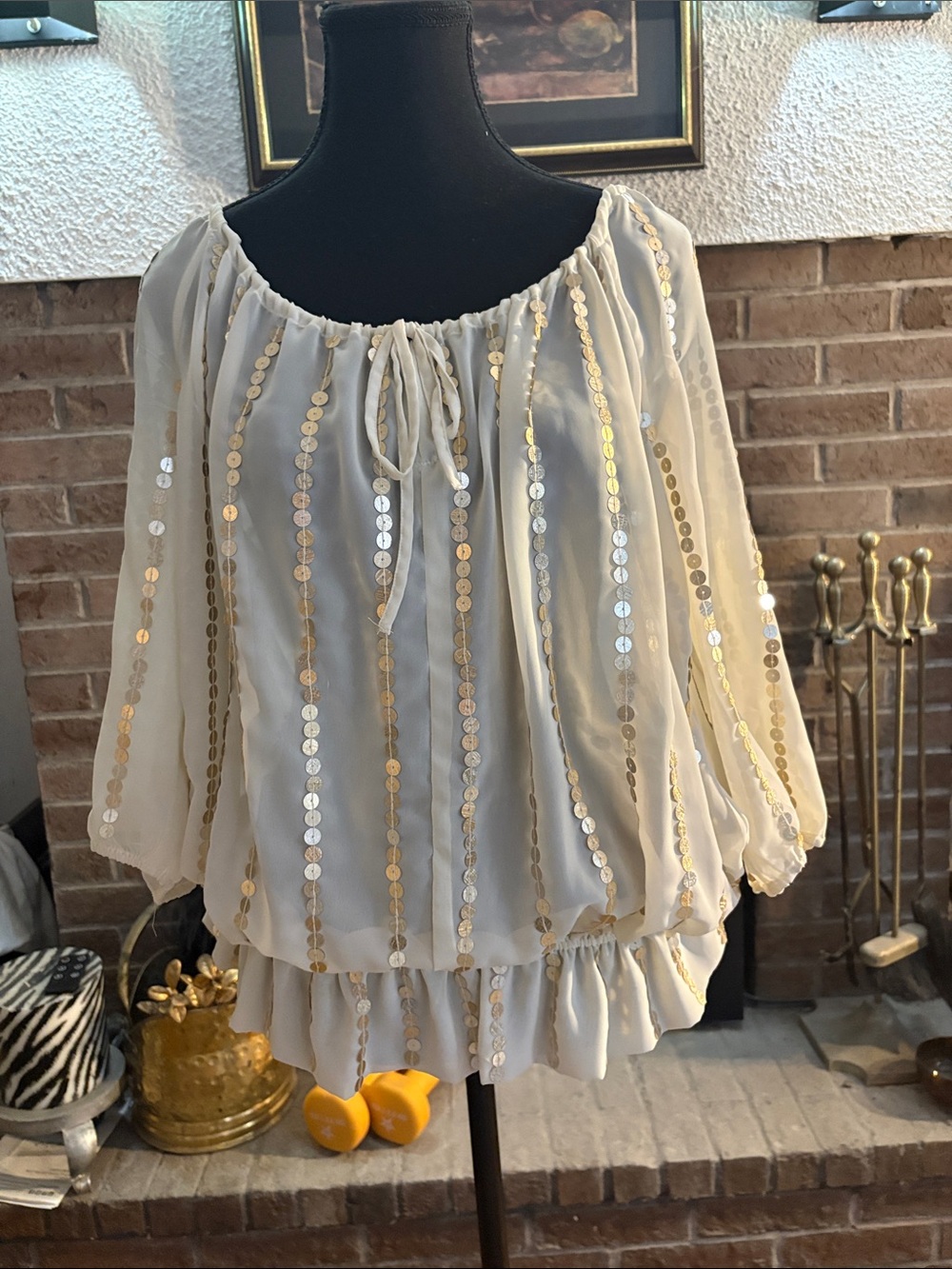 Guess Cream Blouse with Gold Sequin Stripes